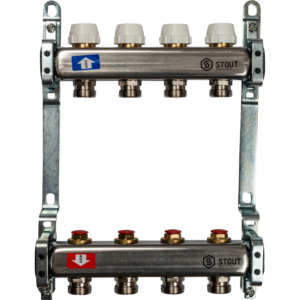 Коллекторная группа для отопления 4 выхода 1*3/4 без расходомеров нержавейка STOUT