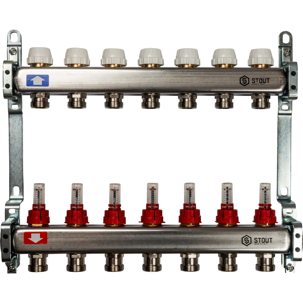 Коллекторная группа для теплых полов 7 выходов 1*3/4 с расходомерами нержавейка STOUT