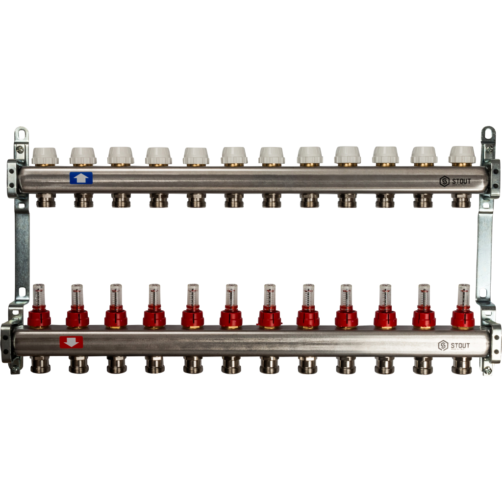 Коллекторная группа для теплых полов 12 выходов 1*3/4 с расходомерами нержавейка STOUT